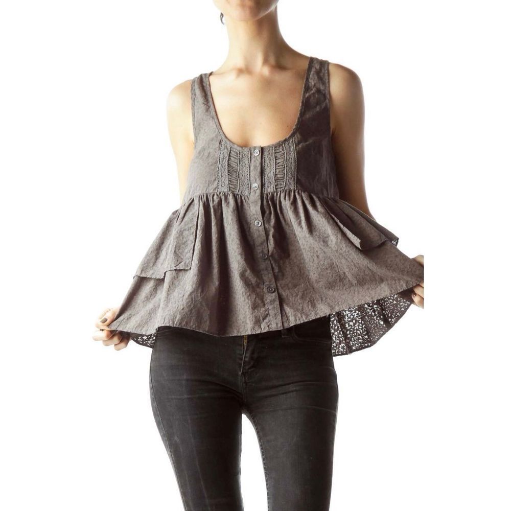 Free People Gray Buttoned Bust Lace Detail Flared Top